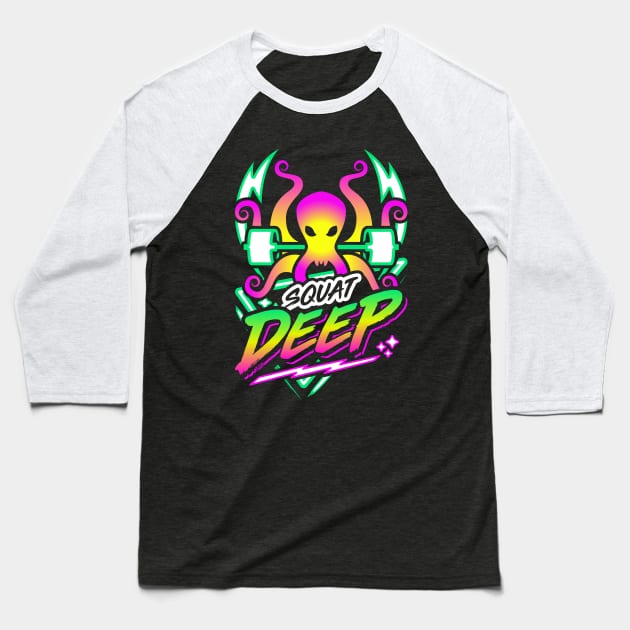 Squat Deep Kraken Retro Neon Synthwave 80s 90s Baseball T-Shirt by brogressproject